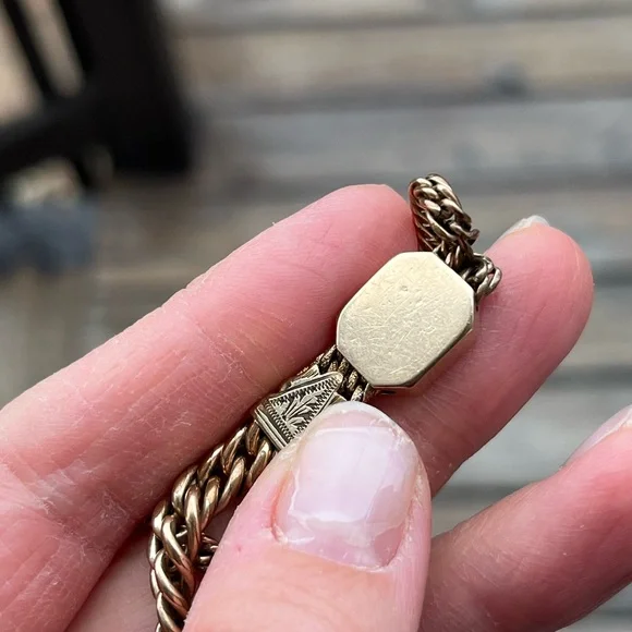 28.46 Gram Gold Filled Albert Chain with Dog Clip, T-Bar and Slide Charm- Flaw - Picture 5 of 17